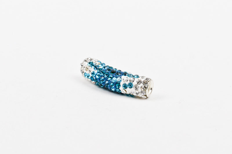 Blue Ombre Rhinestone Tube Bead, Grade A stones embedded in polymer clay with a metal core base bme0346
