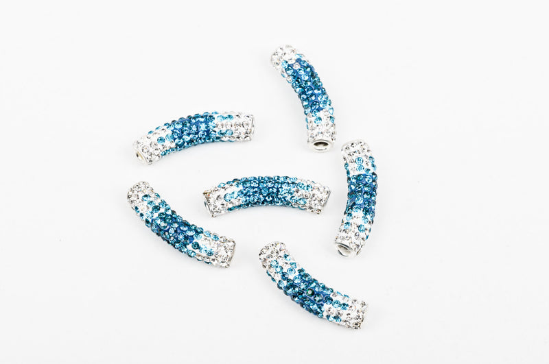 Blue Ombre Rhinestone Tube Bead, Grade A stones embedded in polymer clay with a metal core base bme0346