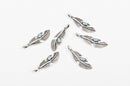 4 Silver FEATHER Charm Pendants, turquoise blue enamel accent, 1.5" long  che0457