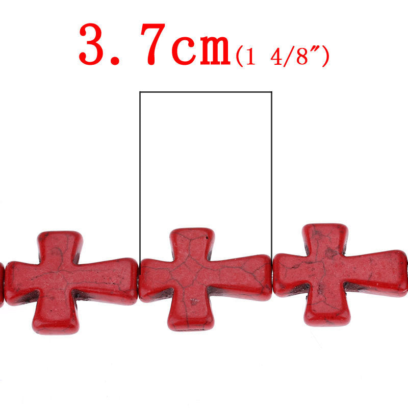 Large Howlite Stone Beads RED Maltese CROSS . 36x30mm, full strand, how0359b