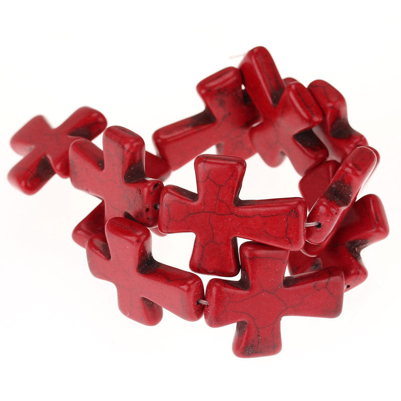 2 Large Howlite Stone Beads RED Maltese CROSS . 36x30mm, how0359a