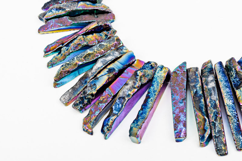 Titanium Coated Quartz Gemstone Spike Stick Beads, PURPLE, BLUE and GOLD points, full strand, 1-1/8" to 2-3/4" long, gqz0051b