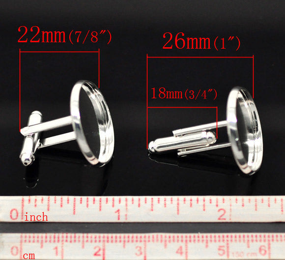 50 Cuff Link blanks, silver plated bezel tray blanks, fits 20mm round cabochons, bulk package, fin0373b