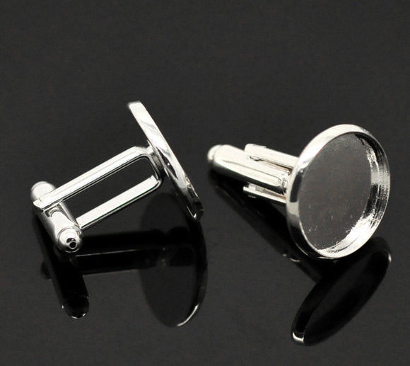 10 Cuff Link blanks, silver plated bezel tray blanks, fits 16mm round cabochons fin0374