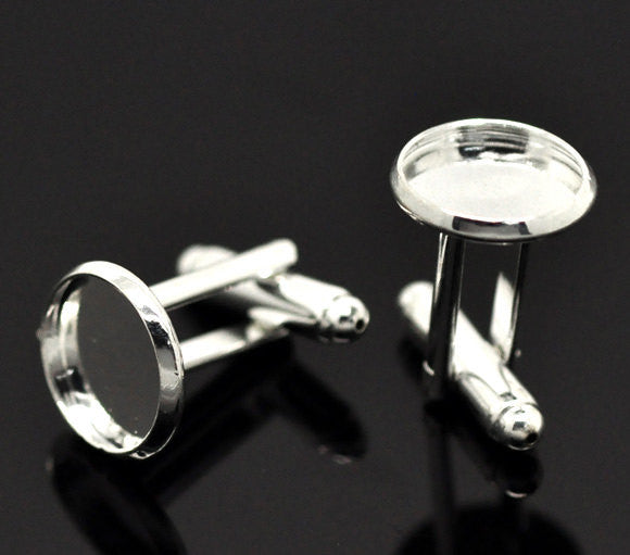 100 Cuff Link blanks, silver plated bezel tray blanks, fits 12mm round cabochons, bulk package, fin0375b
