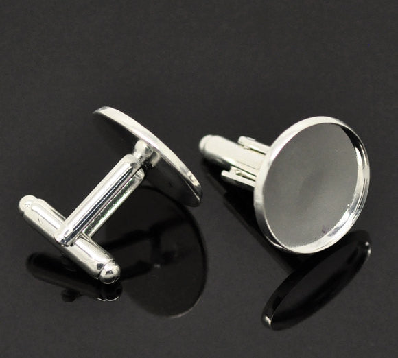 10 Cuff Link blanks, silver plated bezel tray blanks, fits 18mm round cabochons fin0376