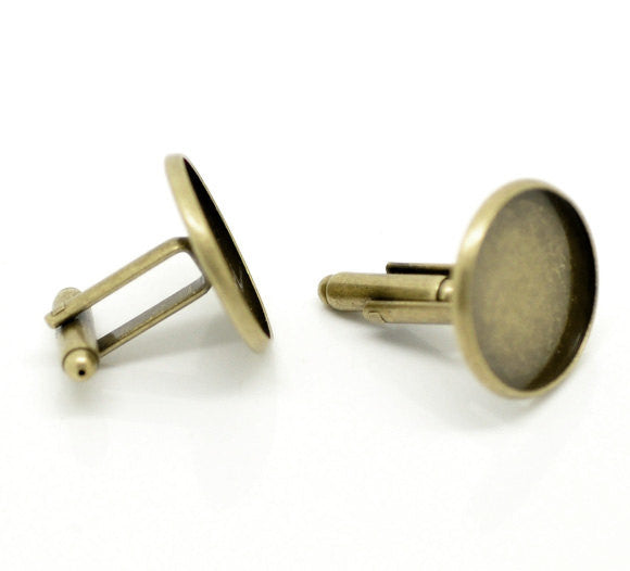 10 Cuff Link blanks, bronze plated bezel tray blanks, fits 20mm round cabochons fin0378