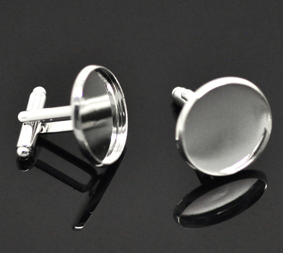 50 Cuff Link blanks, silver plated bezel tray blanks, fits 20mm round cabochons, bulk package, fin0373b