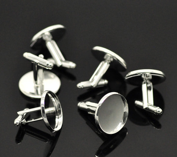 10 Cuff Link blanks, silver plated bezel tray blanks, fits 20mm round cabochons fin0373a