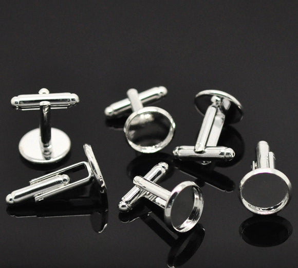 10 Cuff Link blanks, silver plated bezel tray blanks, fits 12mm round cabochons fin0375a