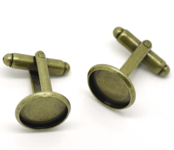 10 Cuff Link blanks, bronze plated bezel tray blanks, fits 12mm round cabochons fin0380