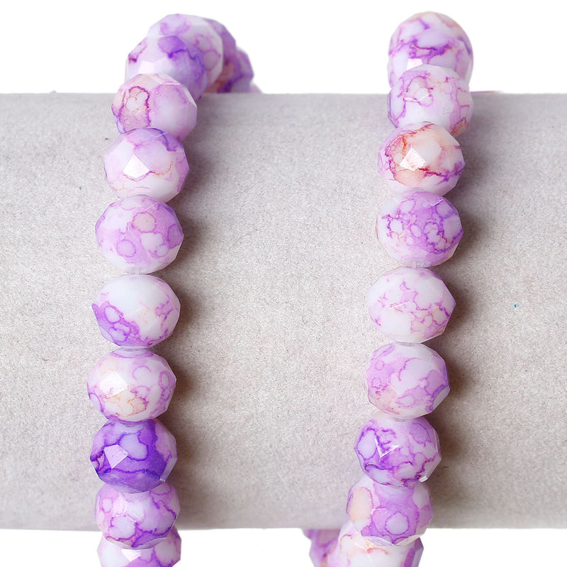 10x8mm PURPLE, ORANGE and WHITE Marble Glass Rondelle Beads, faceted, double strand, bgl1093