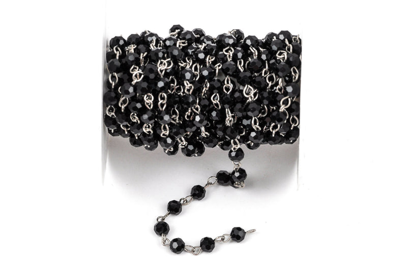1 yard Black Crystal Rosary Chain, silver, 6mm round faceted crystal beads, fch0217a