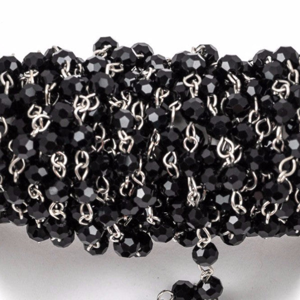 13 feet Spool Black Crystal Rosary Chain, silver, 6mm round faceted crystal beads, fch0217b