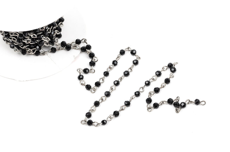 1 yard Black Crystal Rosary Chain, silver, 4mm round faceted crystal beads, fch0219a