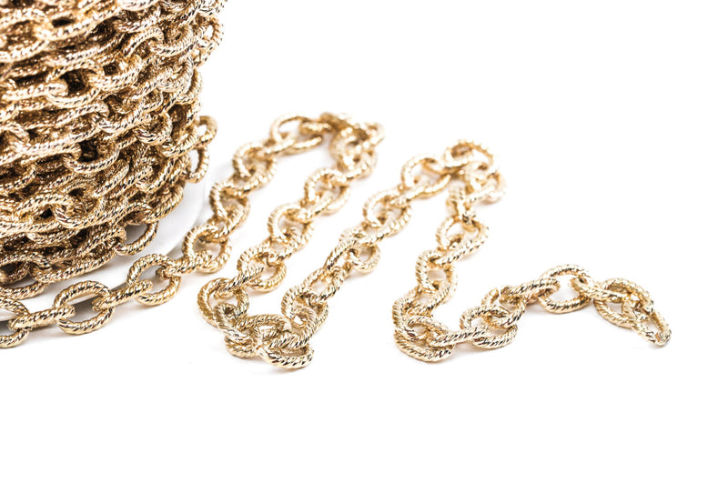 15 yards (45+ feet) Gold Plated Cable Chain, Oval Links are 9x6mm unsoldered, rope design texture, fch0220b