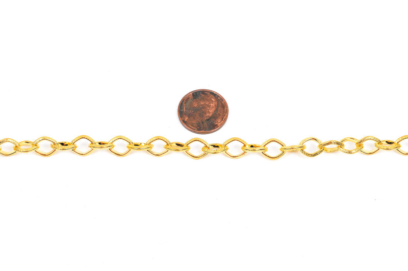 1 yard Bright Gold Plated Cable Chain, Diamond Links are 10x8mm unsoldered, hammered texture, fch0223