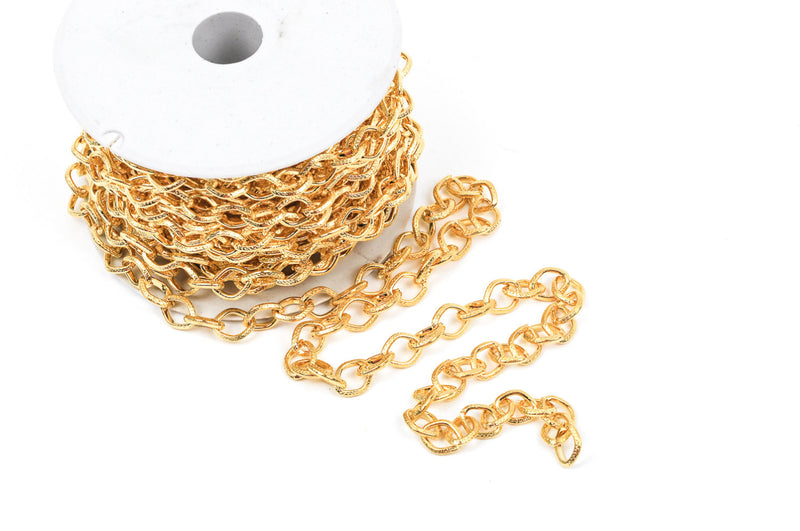 1 yard Bright Gold Plated Cable Chain, Diamond Links are 10x8mm unsoldered, hammered texture, fch0223