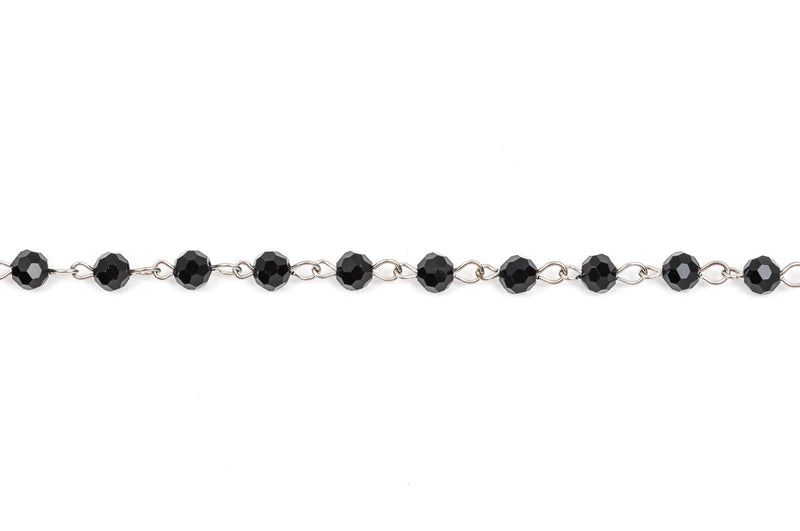 13 feet Spool Black Crystal Rosary Chain, silver, 6mm round faceted crystal beads, fch0217b