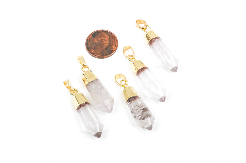 1 Gemstone Pendant, Clear QUARTZ CRYSTAL Faceted Stone, 1.5" long GOLD plated bezel, bail findings  cgm0046