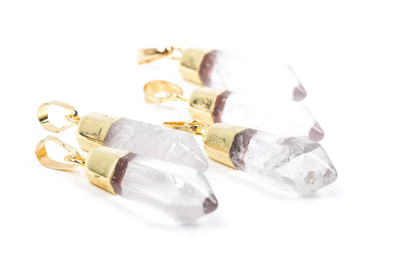 1 Gemstone Pendant, Clear QUARTZ CRYSTAL Faceted Stone, 1.5" long GOLD plated bezel, bail findings  cgm0046