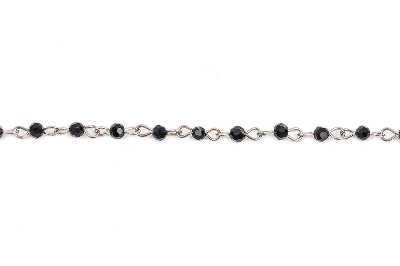 13 feet Black Crystal Rosary Chain, silver, 4mm round faceted crystal beads, bulk on spool, fch0219b
