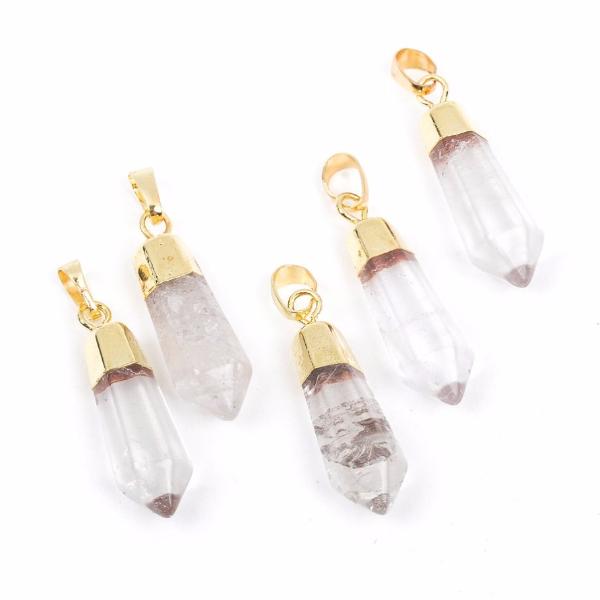 1 Gemstone Pendant, Clear QUARTZ CRYSTAL Faceted Stone, 1.5" long GOLD plated bezel, bail findings  cgm0046