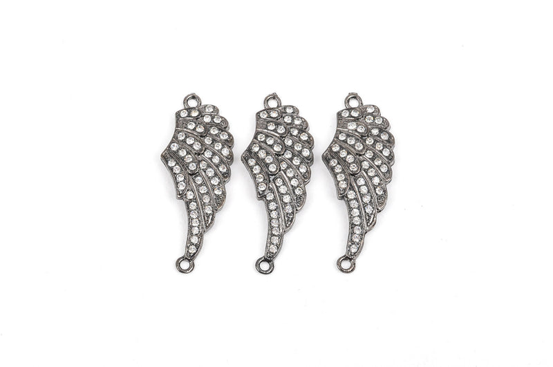 2 Gunmetal Black ANGEL WING Charm Connector Links with Rhinestones, 1-5/8" long clear crystals, cho0104
