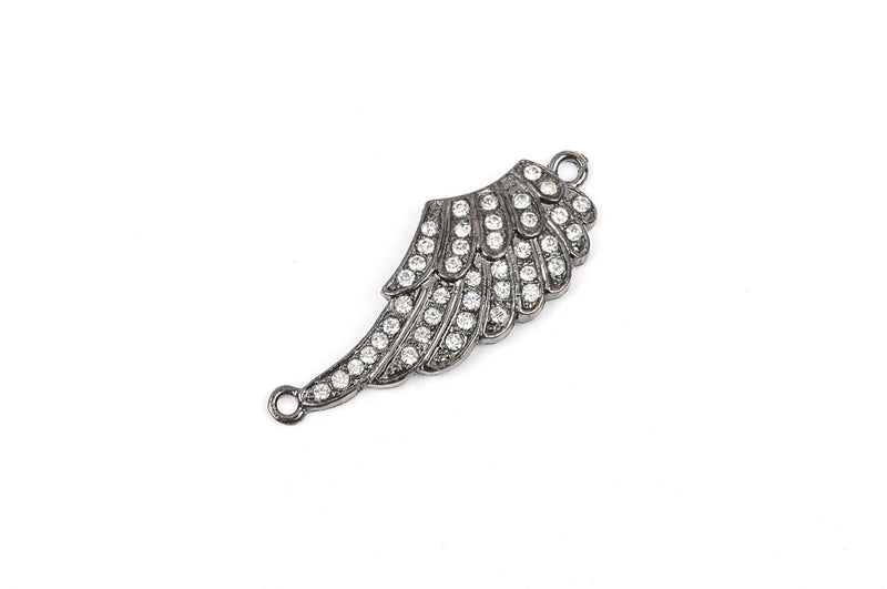 2 Gunmetal Black ANGEL WING Charm Connector Links with Rhinestones, 1-5/8" long clear crystals, cho0104