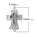 4 Silver Cross Connector Links, Blank Pendant Charms, Hammered Silver, 2-1/4" long fits 25x18mm cross in center, bezel tray, chs1727