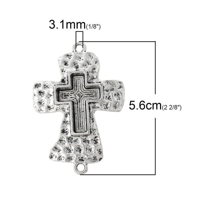 4 Silver Cross Connector Links, Blank Pendant Charms, Hammered Silver, 2-1/4" long fits 25x18mm cross in center, bezel tray, chs1727