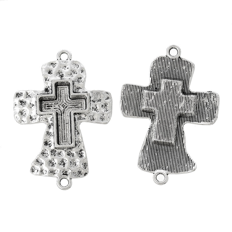 4 Silver Cross Connector Links, Blank Pendant Charms, Hammered Silver, 2-1/4" long fits 25x18mm cross in center, bezel tray, chs1727