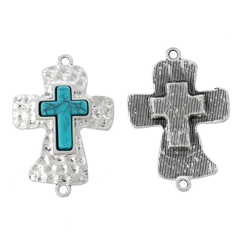 2 Silver and Turquoise Cross Connector Links, Pendant Charms, Hammered Silver, 2-1/4" long chs1726