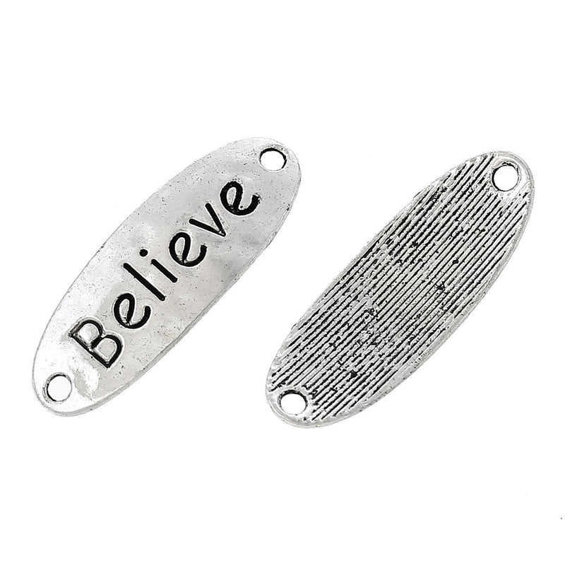 10 BELIEVE Stamped Quote Hammered Silver Oval Connector Link Charms, 1-3/8" long chs1730