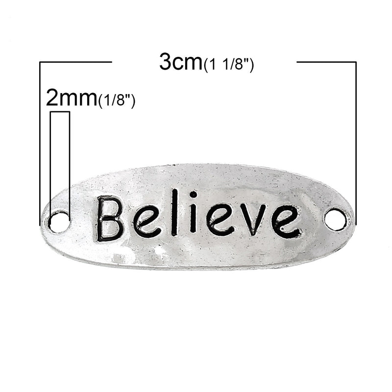 10 BELIEVE Stamped Quote Hammered Silver Oval Connector Link Charms, 1-3/8" long chs1730