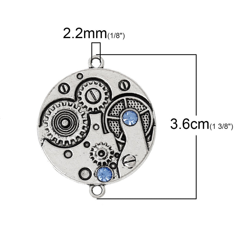 2 Steampunk Watch Face Charm Connector Links, Blue Crystal Rhinestones, 1-3/8" diameter chs1735