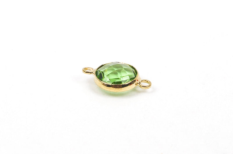 1 Round Circle Gold Brass Connector Link Charm, faceted Periwinkle PERIDOT GREEN Glass, 16x10mm, 5/8" long August Birthstone, chg0248