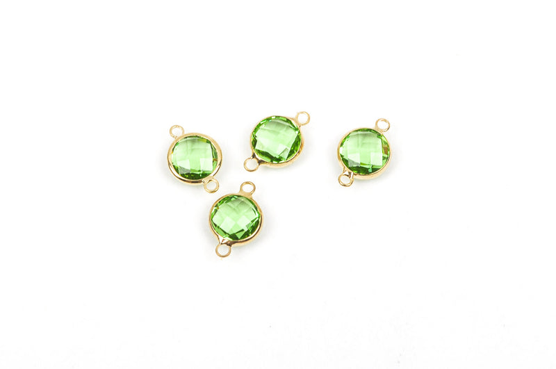 1 Round Circle Gold Brass Connector Link Charm, faceted Periwinkle PERIDOT GREEN Glass, 16x10mm, 5/8" long August Birthstone, chg0248