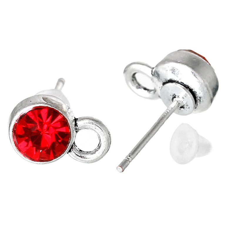 10 Rhinestone Earring Post Components, 6mm RED Stones, loop for hanging charms or beads (5 pairs) fin0393