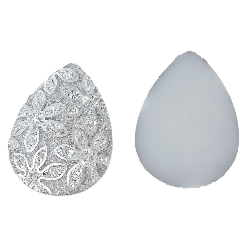 5 Large Teardrop Resin Metallic Frosted WHITE and SILVER Flat Back Cabochons, 40x30mm, 1-5/8" x 1-1/8"  cab0272