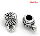 100 Silver Tone Bail Beads, flower pattern carved in the design, 9x6mm, fba0054