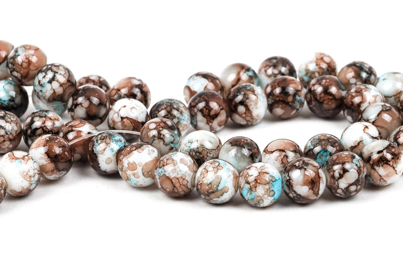 40 Round Glass Beads, white with turquoise blue and brown marbeling, marble pattern, 10mm bgl0020
