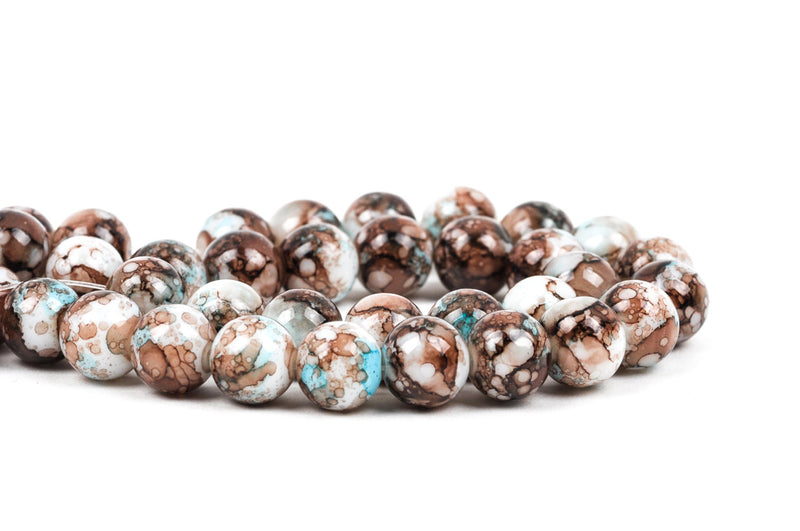 40 Round Glass Beads, white with turquoise blue and brown marbeling, marble pattern, 10mm bgl0020