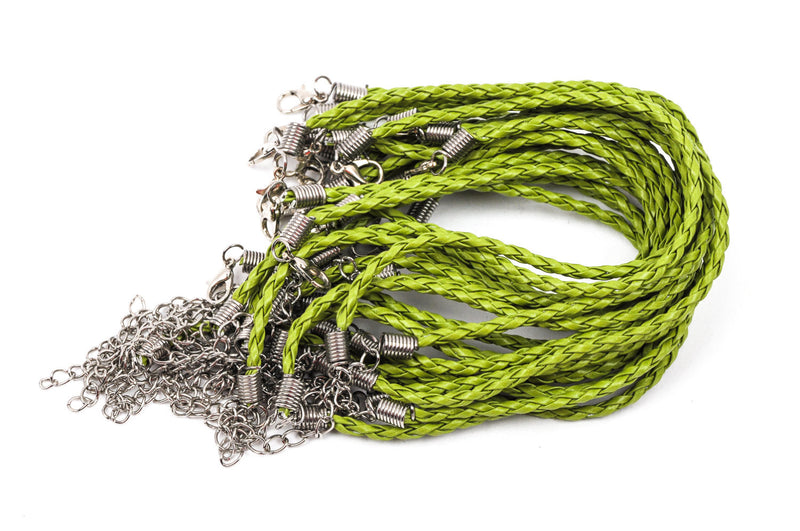 20 LIME GREEN Leatheroid Bracelet Braided Cords with Lobster Clasp . 8" long plus 2" extender chain fch0231