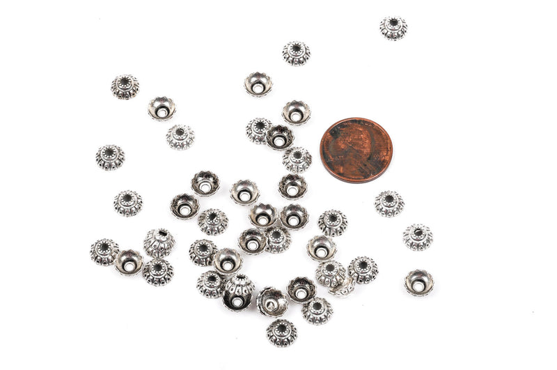 50 Antique Silver FLOWER Bead End Caps, fits 8mm beads, fin0434