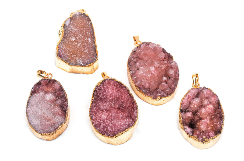 1 Rose Pink AGATE DRUZY Quartz Pendant, gold plated metal with bail   gdz0049