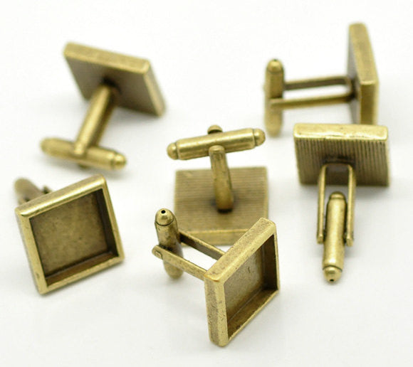 6 Square Cuff Link blanks, bronze plated bezel tray blanks, fits 14mm cabochons fin0395