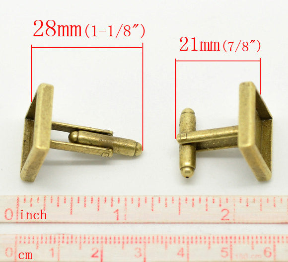 6 Square Cuff Link blanks, bronze plated bezel tray blanks, fits 14mm cabochons fin0395