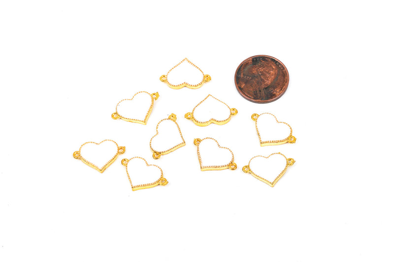 2 WHITE and GOLD Heart Enamel and Metal Connector Charms.  che0135