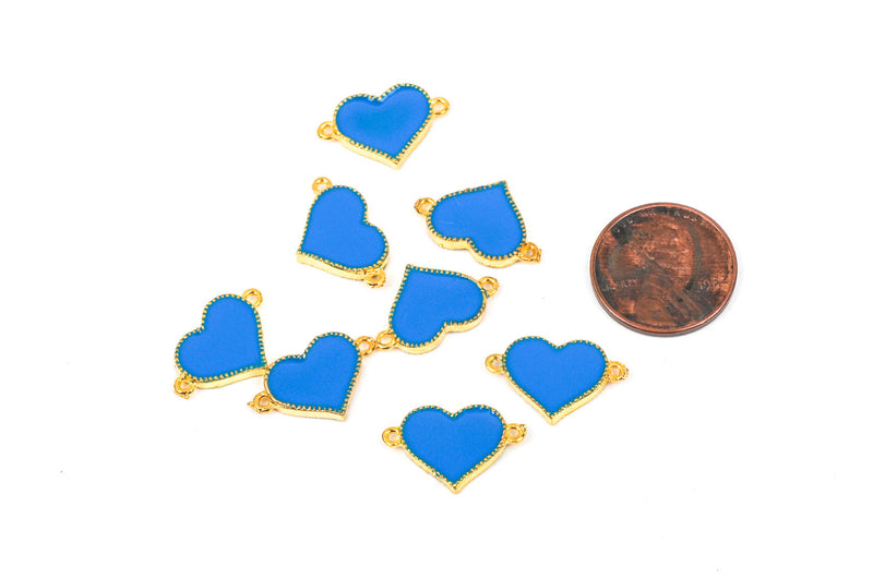 2 BLUE and GOLD Heart Enamel and Metal Connector Charms  che0459